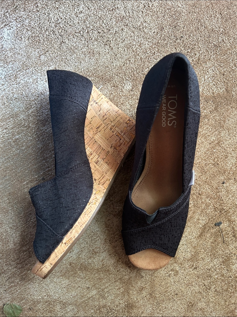 #41. TOMS Black Cork Peep-Toe Wedge Heels